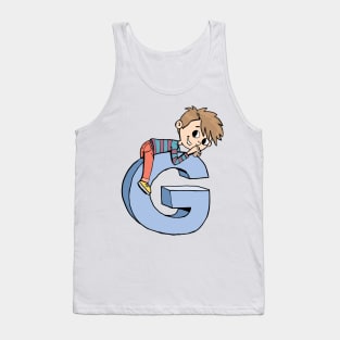 boy climbed up and lay down on the capital letter G Tank Top